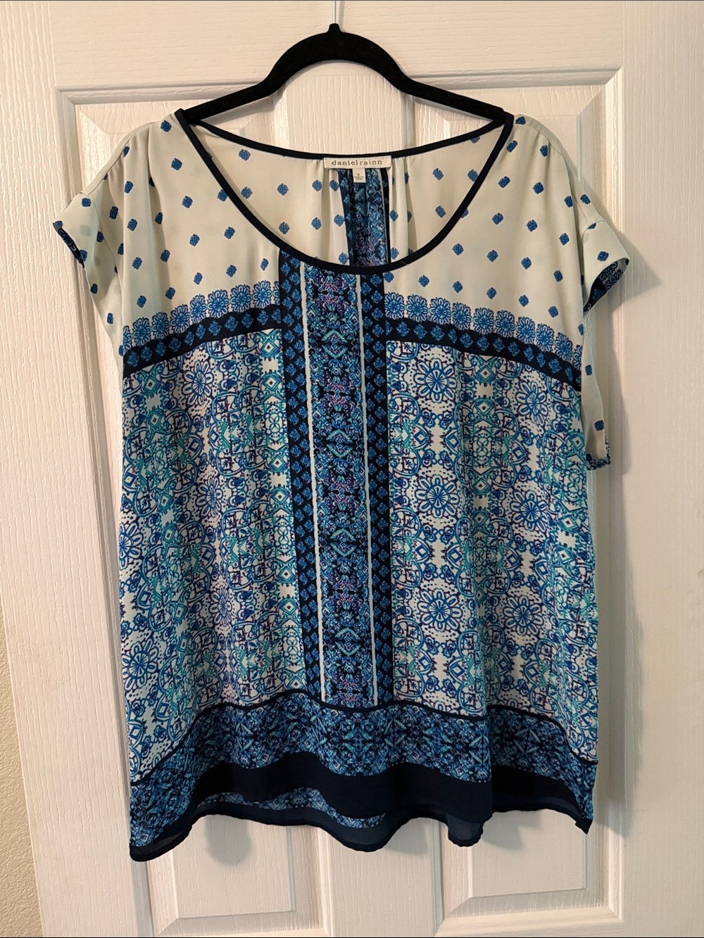 Daniel Rainn Teal and Navy Mixed-Print Short Sleeve Blouse